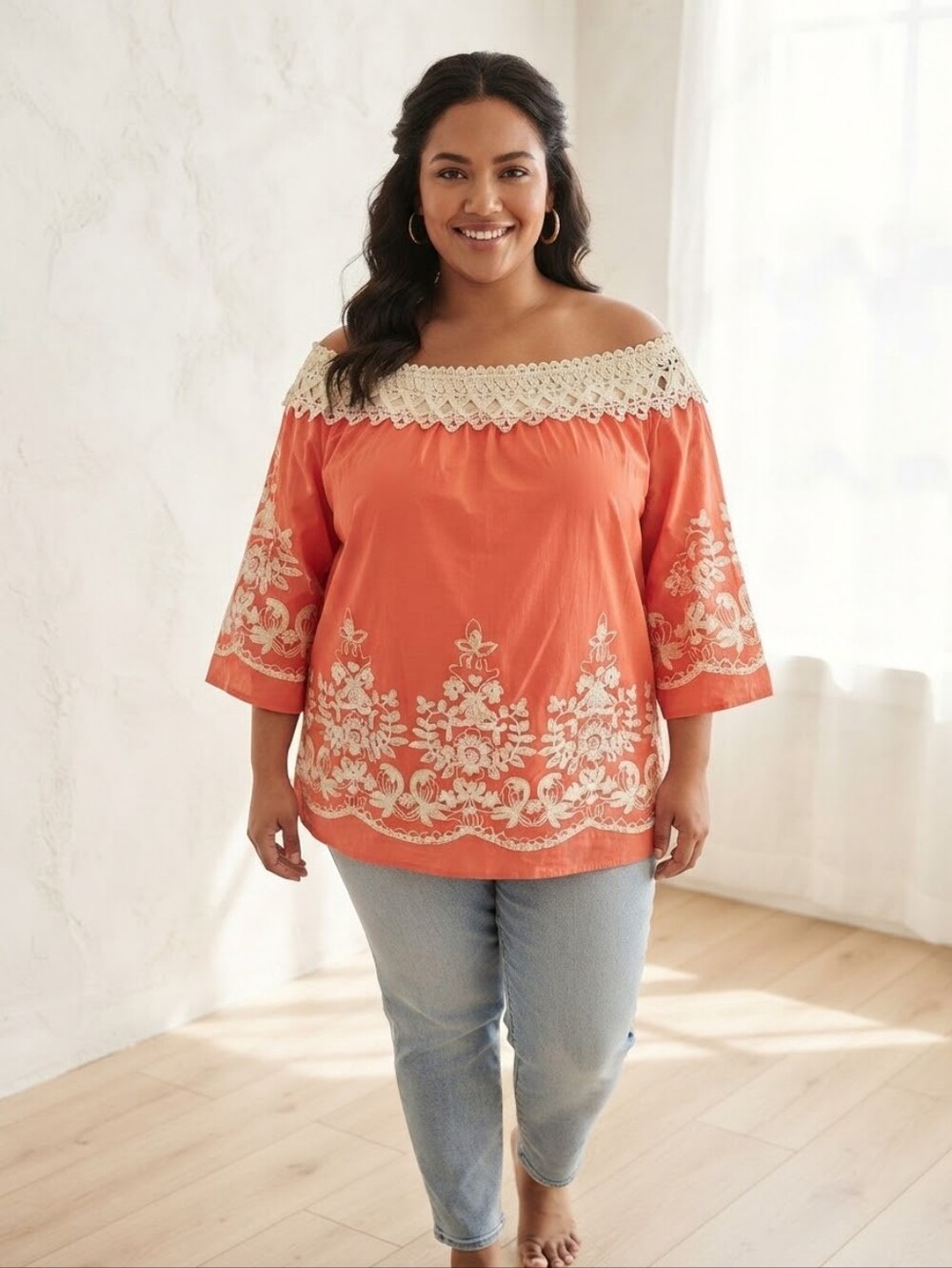 Flying Tomato Coral Off-Shoulder Embroidered Tunic with White Lace
